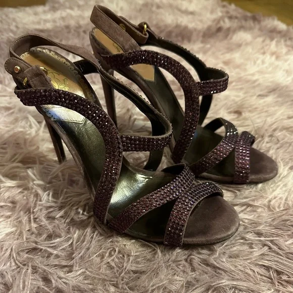 Roberto Cavalli Women Purple Suede Crystal Embellished Strappy Sandal Heel 37 7 - Picture 4 of 16